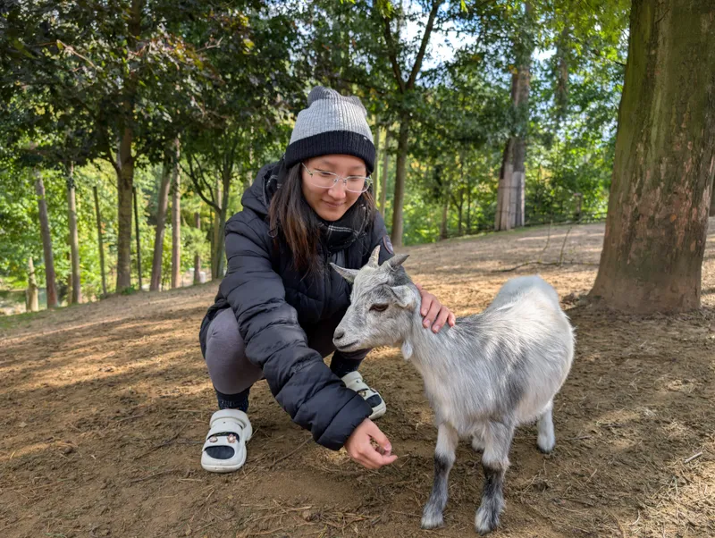 Girlfriend in zoo with goat